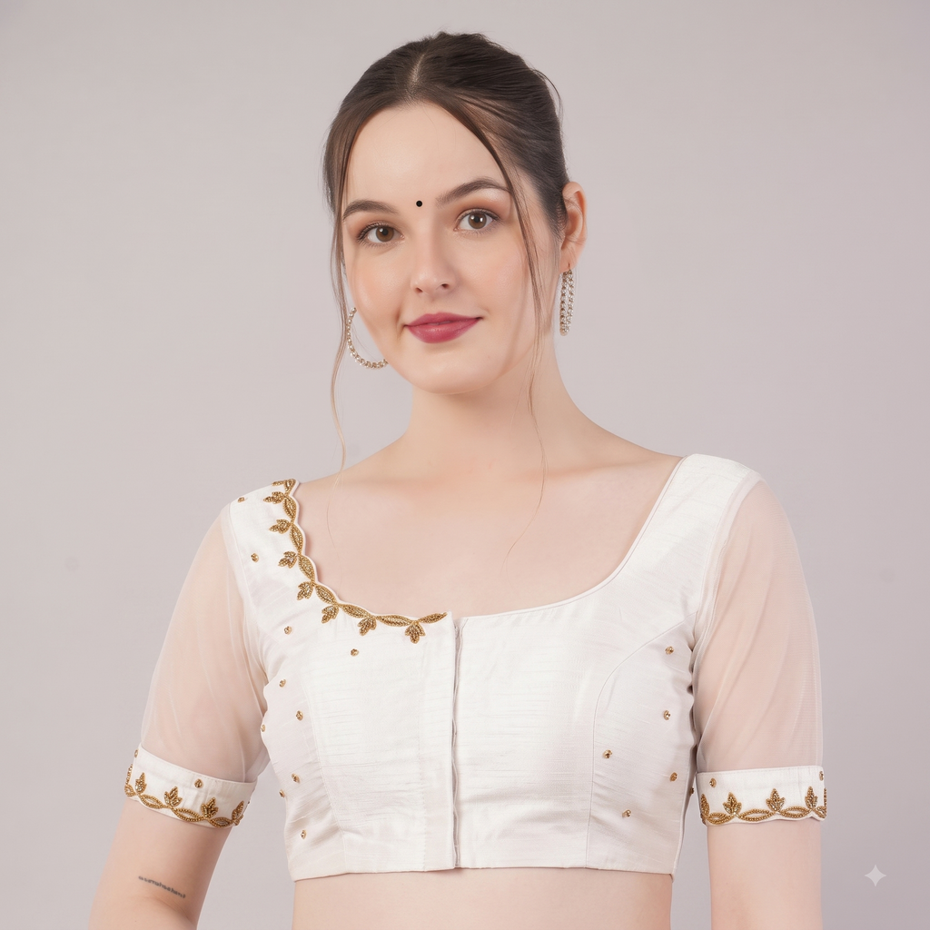 Rani Pink Dupion Silk Designer Blouse with Sheer Soft Silk Sleeves & Gold Embroidery - TBS2646
