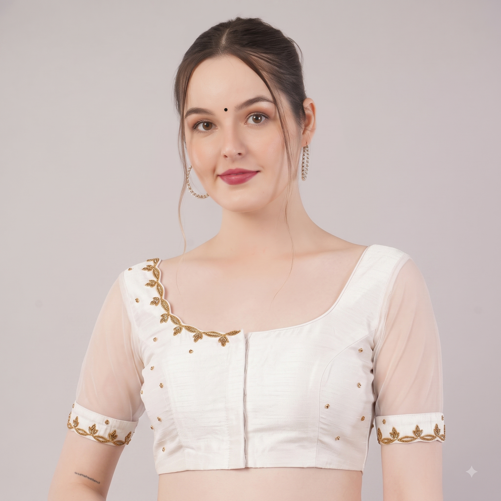 Rani Pink Dupion Silk Designer Blouse with Sheer Soft Silk Sleeves & Gold Embroidery - TBS2646