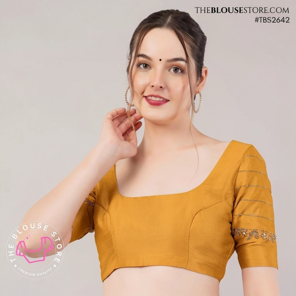 Golden Dusk Dupion Silk Blouse | Designer Saree Blouse with Embellished Sleeves & Deep Back – TBS2642