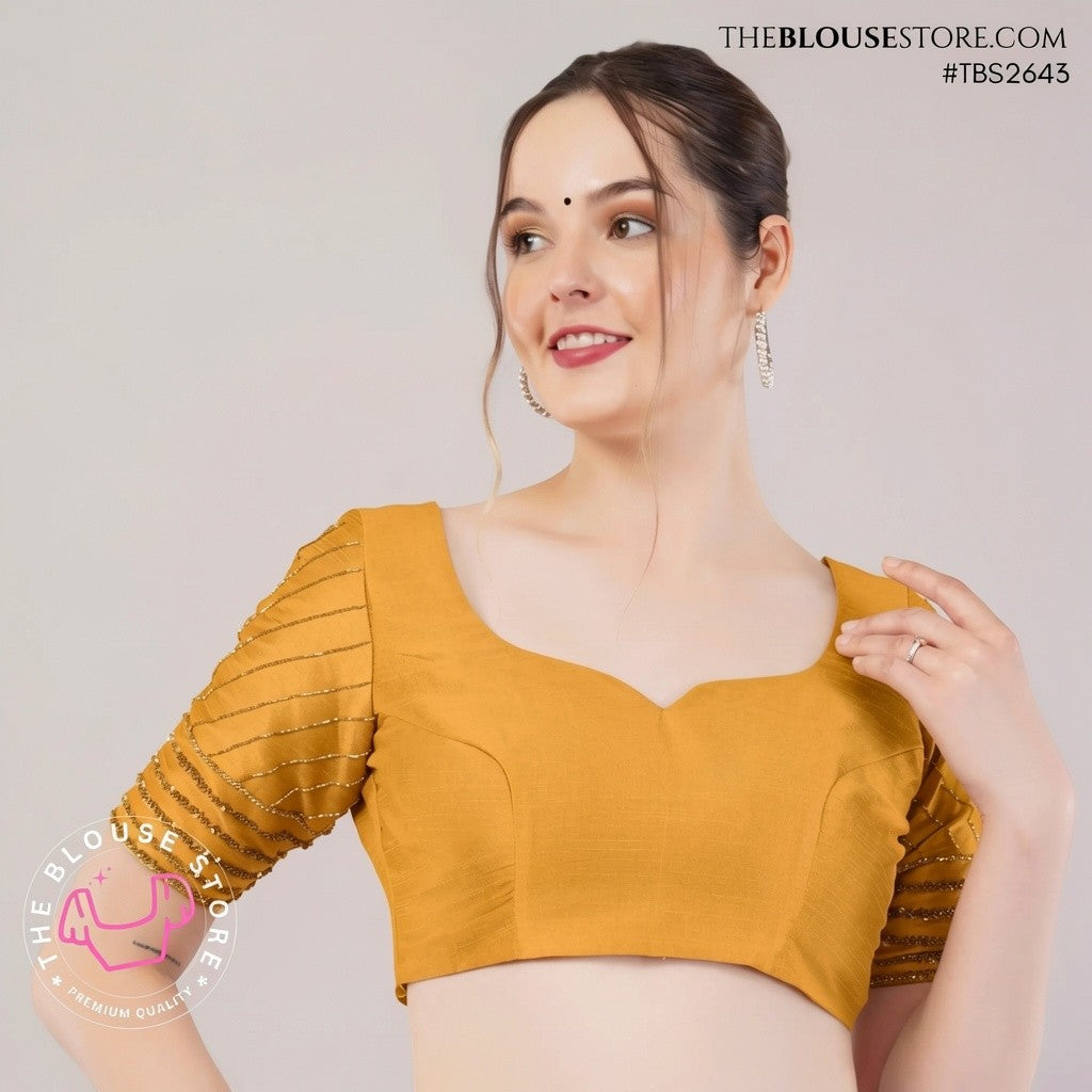 Golden Dusk Dupion Silk Blouse | Designer Saree Blouse with Embellished Sleeves & Deep Back – TBS2643