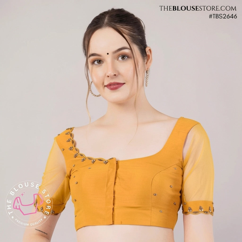 Rani Pink Dupion Silk Designer Blouse with Sheer Soft Silk Sleeves & Gold Embroidery - TBS2646