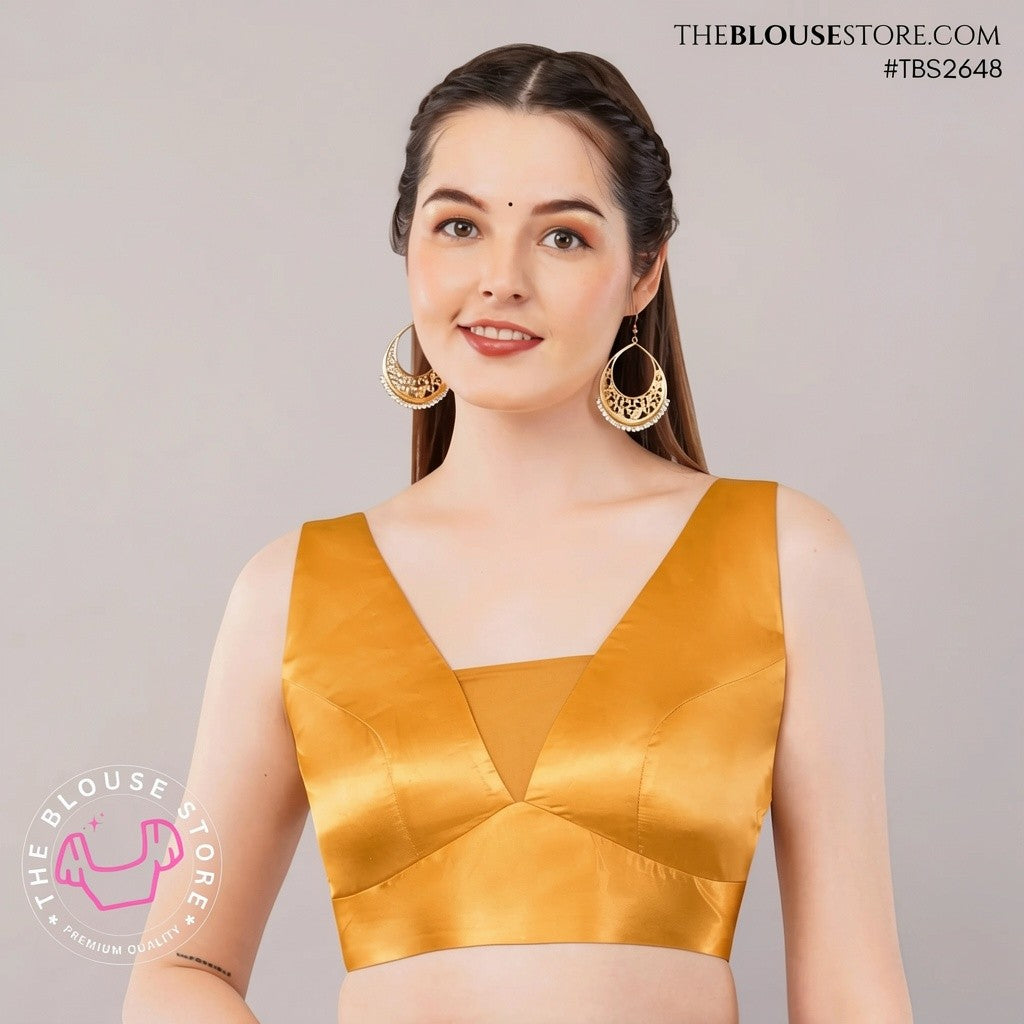 Golden Satin Statement Blouse | V-Neck Designer Saree Blouse with Open Back – TBS2648
