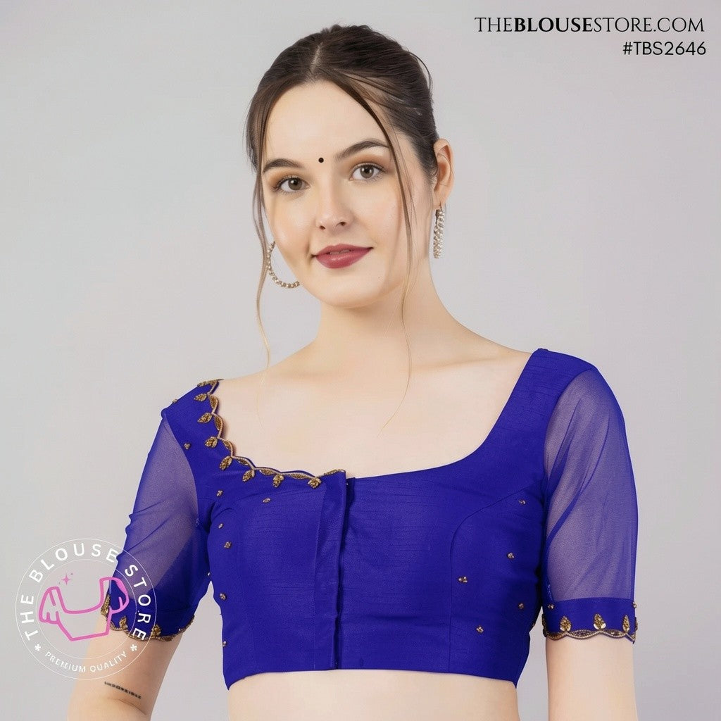 Rani Pink Dupion Silk Designer Blouse with Sheer Soft Silk Sleeves & Gold Embroidery - TBS2646