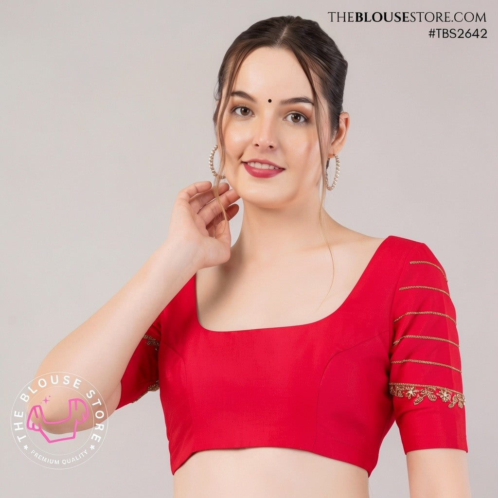 Golden Dusk Dupion Silk Blouse | Designer Saree Blouse with Embellished Sleeves & Deep Back – TBS2642