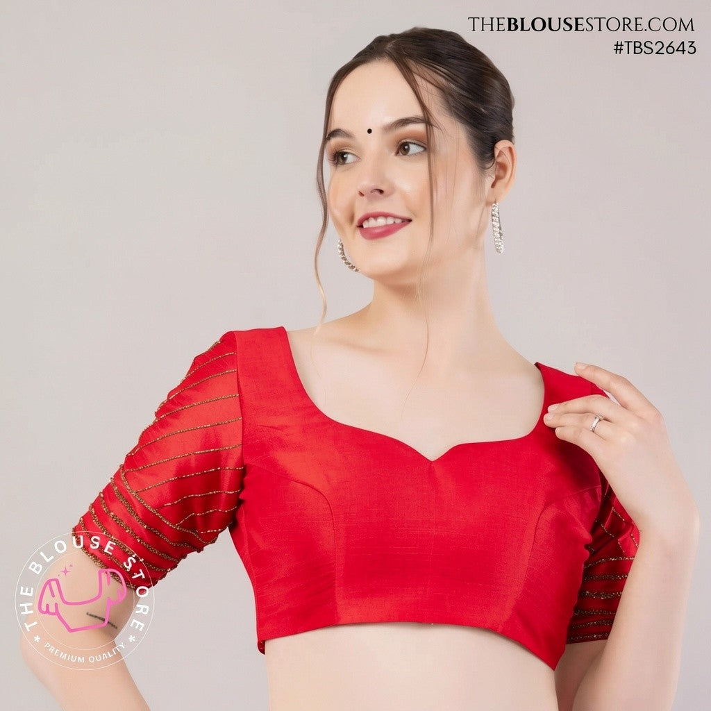 Golden Dusk Dupion Silk Blouse | Designer Saree Blouse with Embellished Sleeves & Deep Back – TBS2643