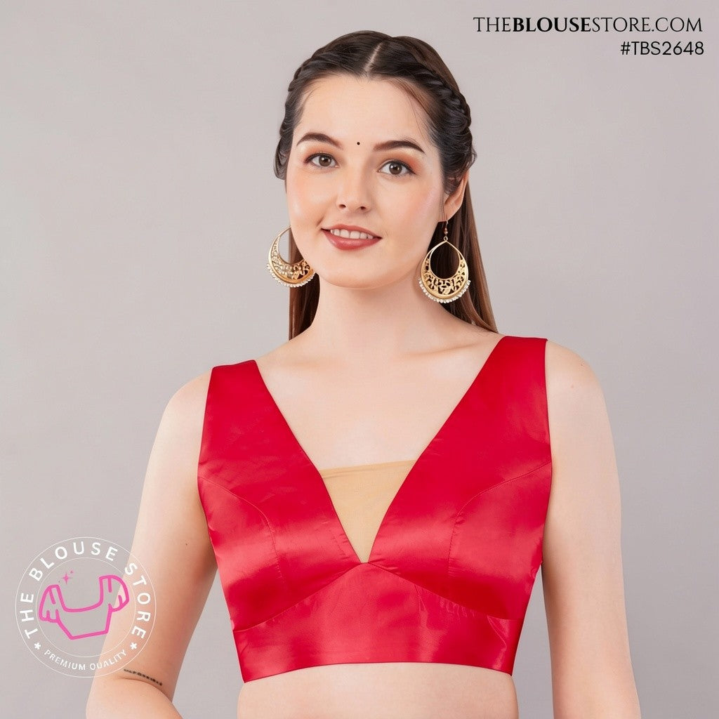Golden Satin Statement Blouse | V-Neck Designer Saree Blouse with Open Back – TBS2648