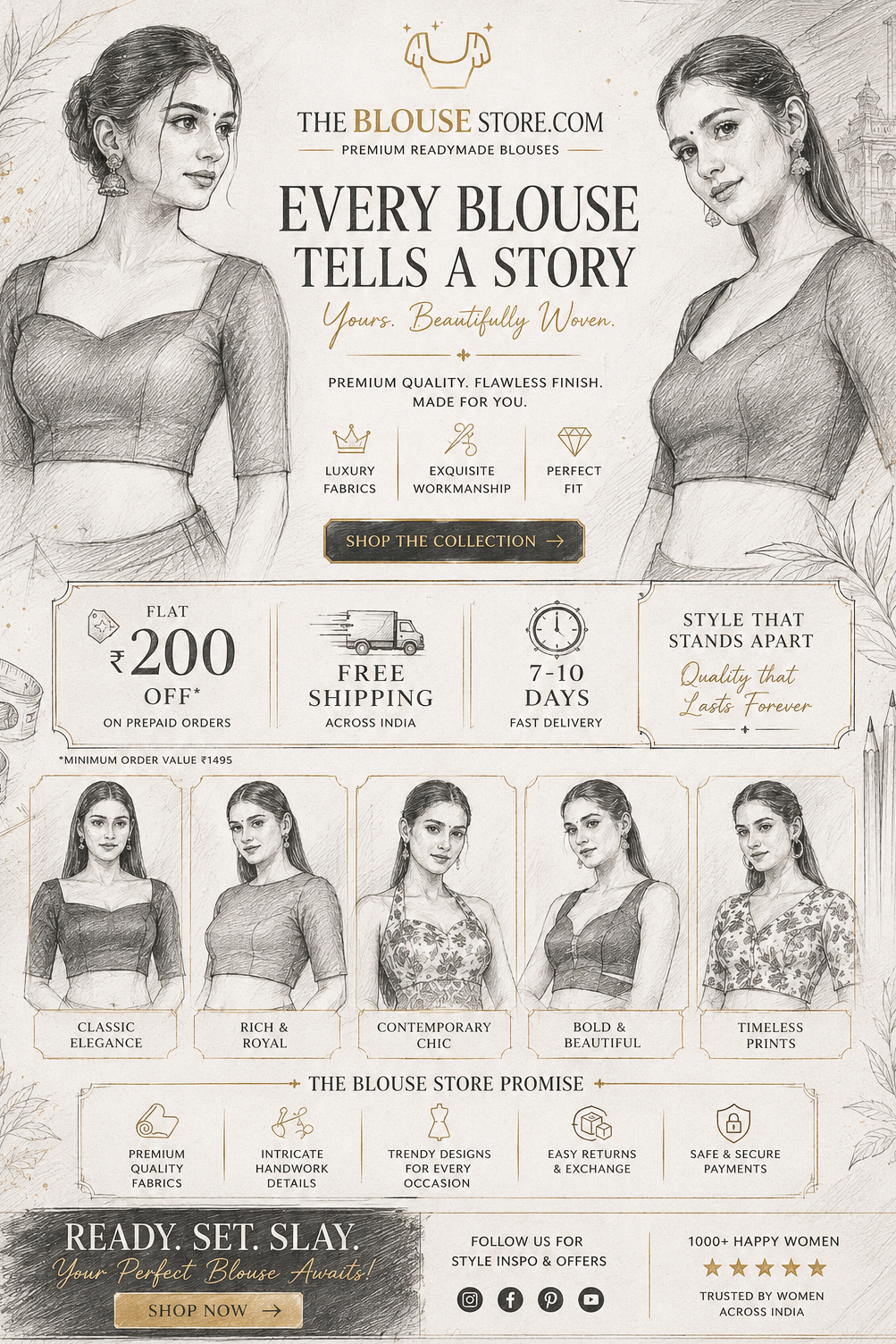 A promotional banner for 'The Blouse Store.com' featuring a collection of women's blouses.