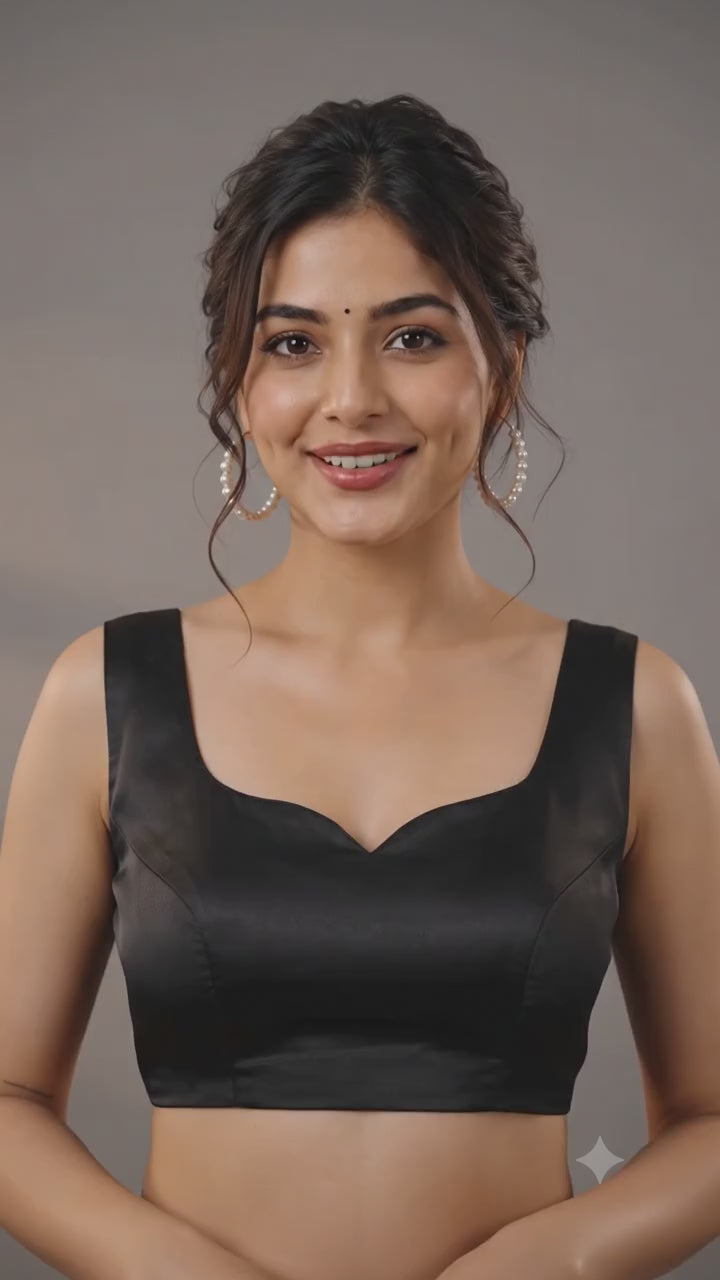 Black Satin Designer Saree Blouse | Sweetheart Neck & Statement Open-Back Blouse | TBS2666